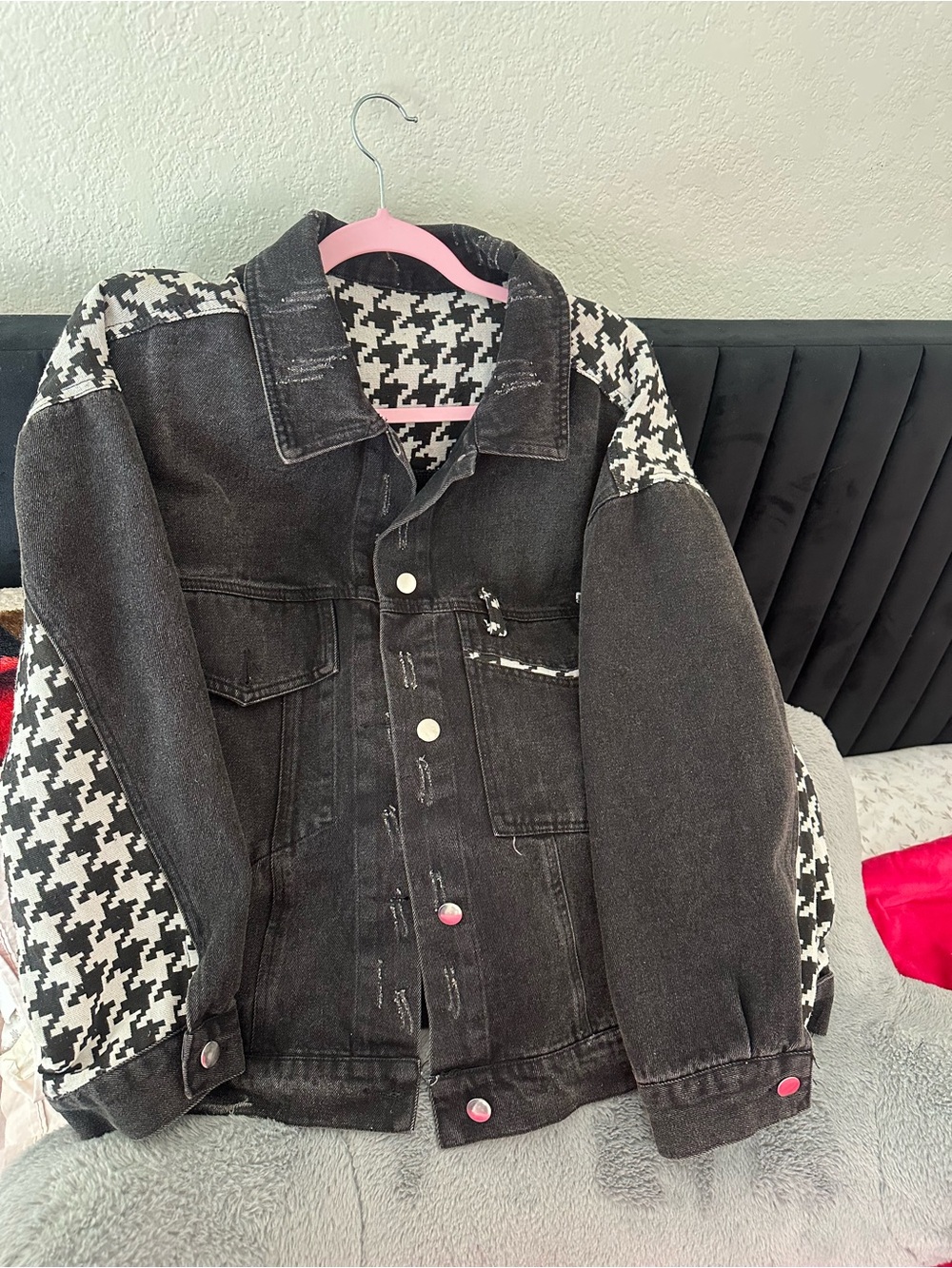 Black Houndstooth Mixed-Media  Denim Jacket